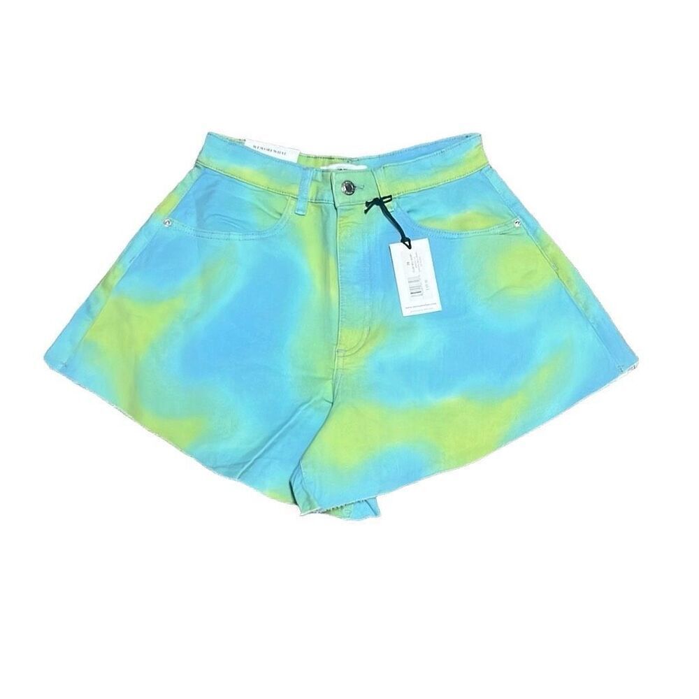 Weworewhat 26"‎ Flare Bell Denim Shorts Blue Green Tie Dye Stretch Festival Boho